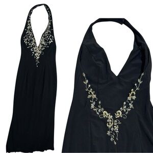 Mystique long Formal Black Elegant Beaded Halter Gown Evening dress Prom Sz 12